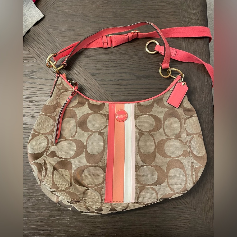 Brown & tan COACH bag with pink accents